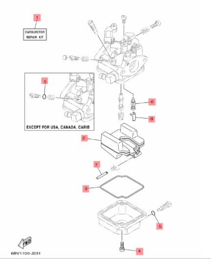 Yamaha 6BX-W0093-00 Forgasser Reparasjonssett – F4 / F5 / F6