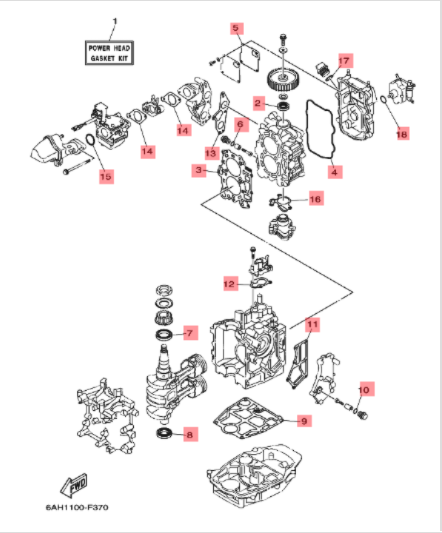 Yamaha powerhead pakningssett F9.9H / F15C / F20B – OEM 6AG-W0001-00