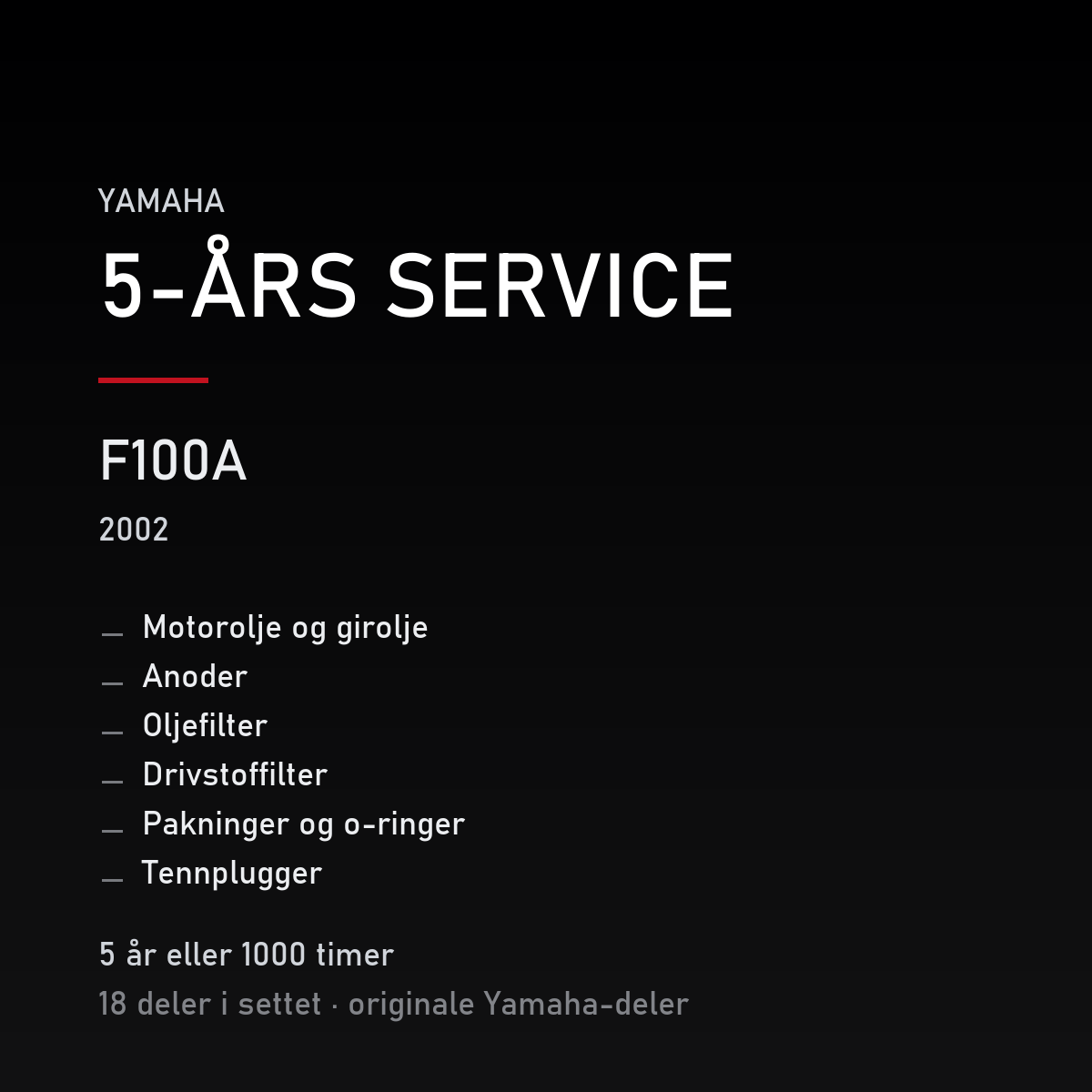 Yamaha F100A (2002) – 5-års service – innhold i settet