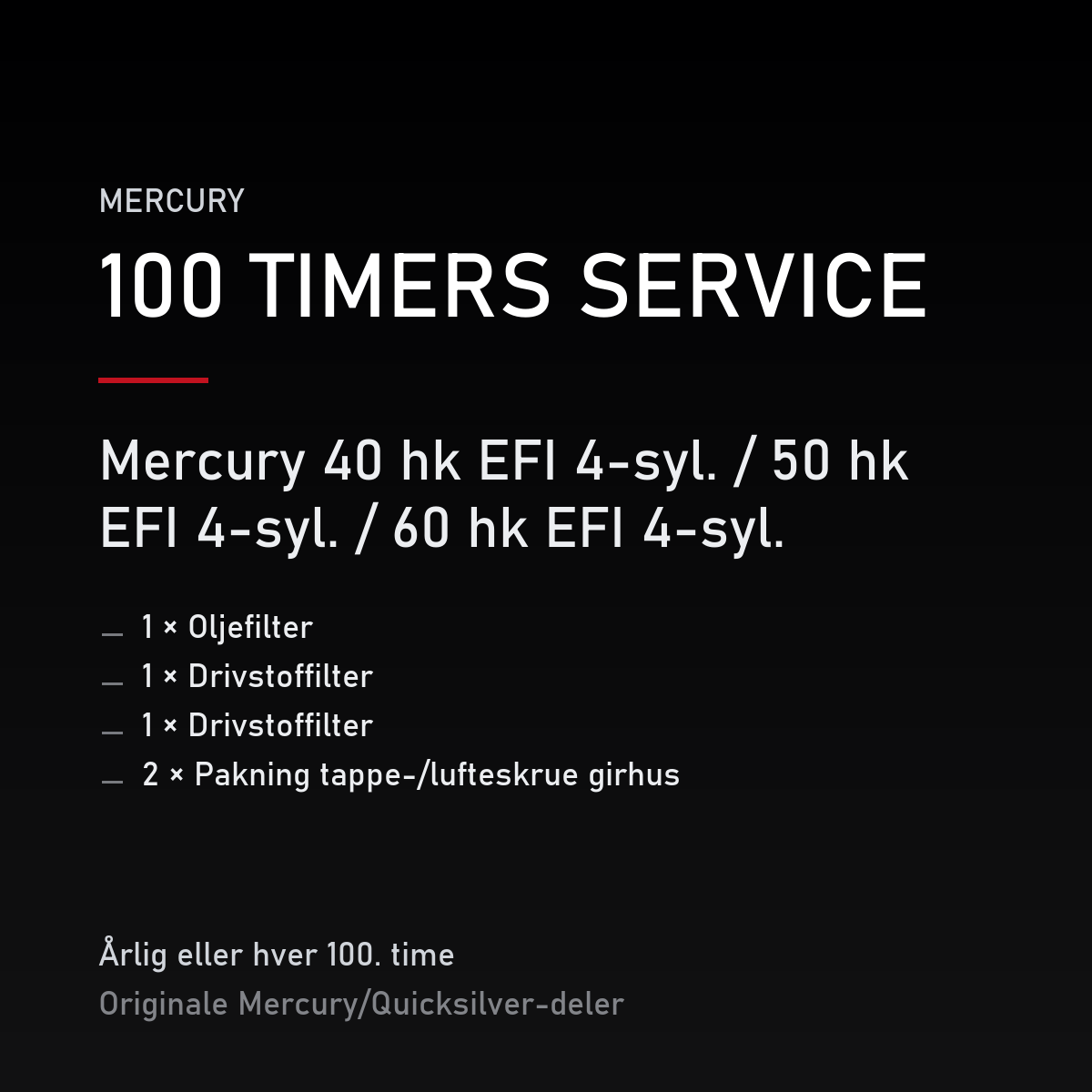 Mercury servicekit 100 timer – 40 hk EFI 4-syl. / 50 hk EFI 4-syl. / 60 hk EFI 4-syl. – servicekit