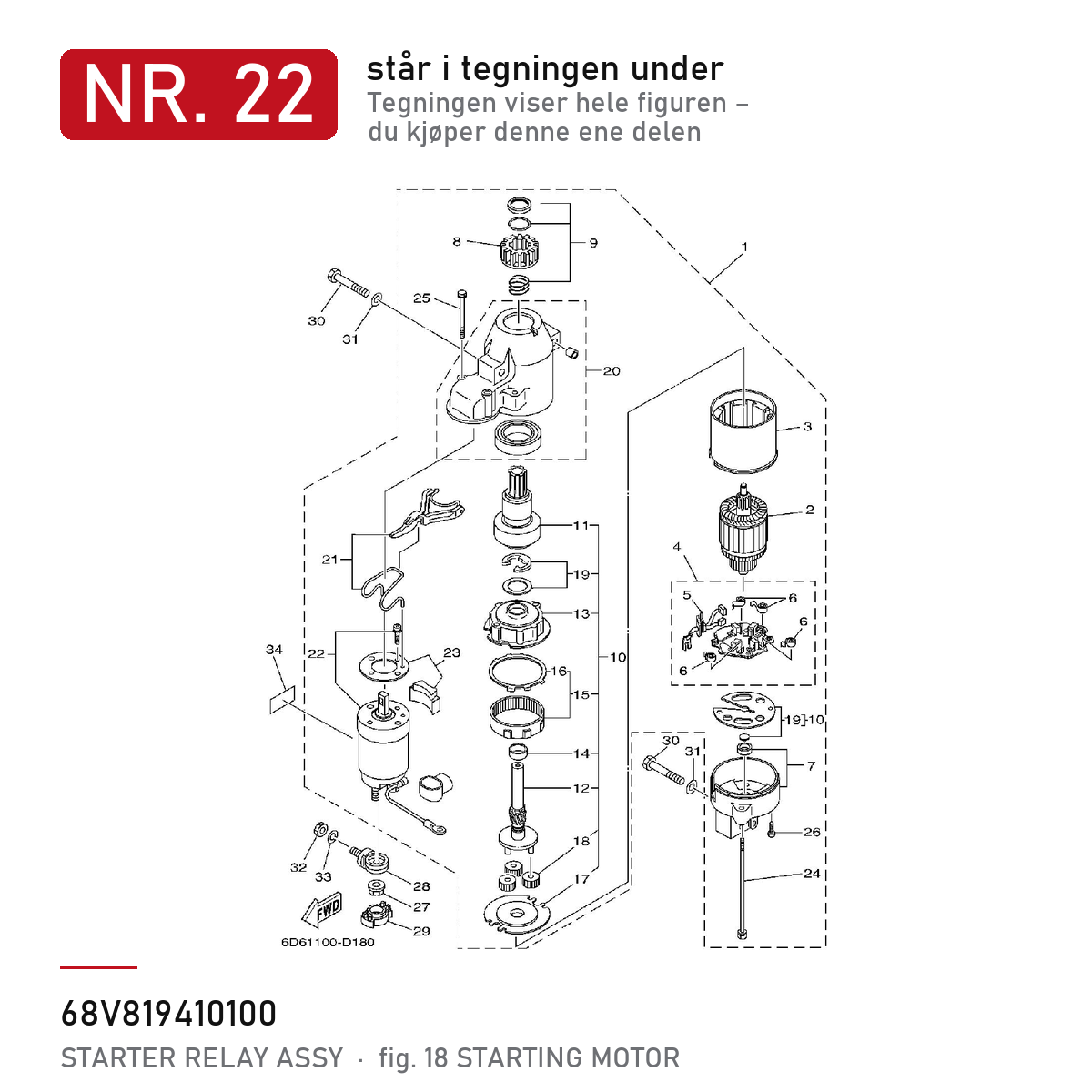 Yamaha Starterrelé 68V-81941-01 – nr. 22 i tegningen fra produsentens delekatalog