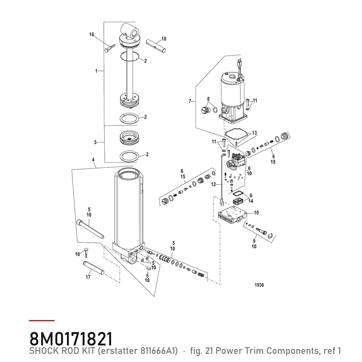 Quicksilver Powertrim støtdemperstang-sett 8M0171821 – Mercury – tegning fra Mercurys delekatalog
