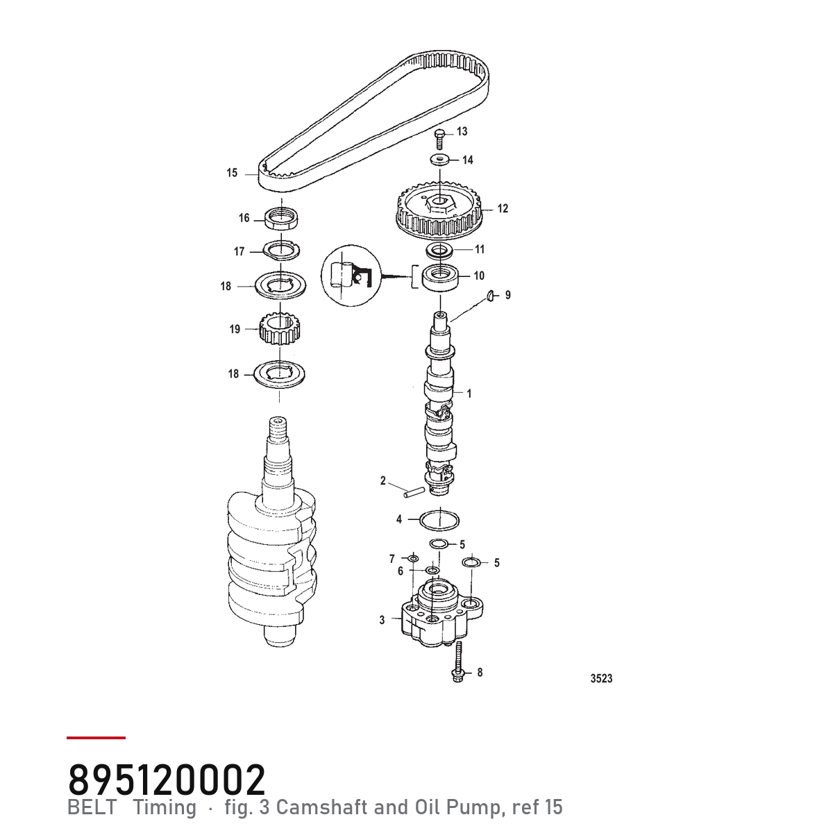 Quicksilver registerreim 57-895120002 – Mercury 10, 15, 20 hk – hvor delen sitter, tegning fra Mercurys delekatalog
