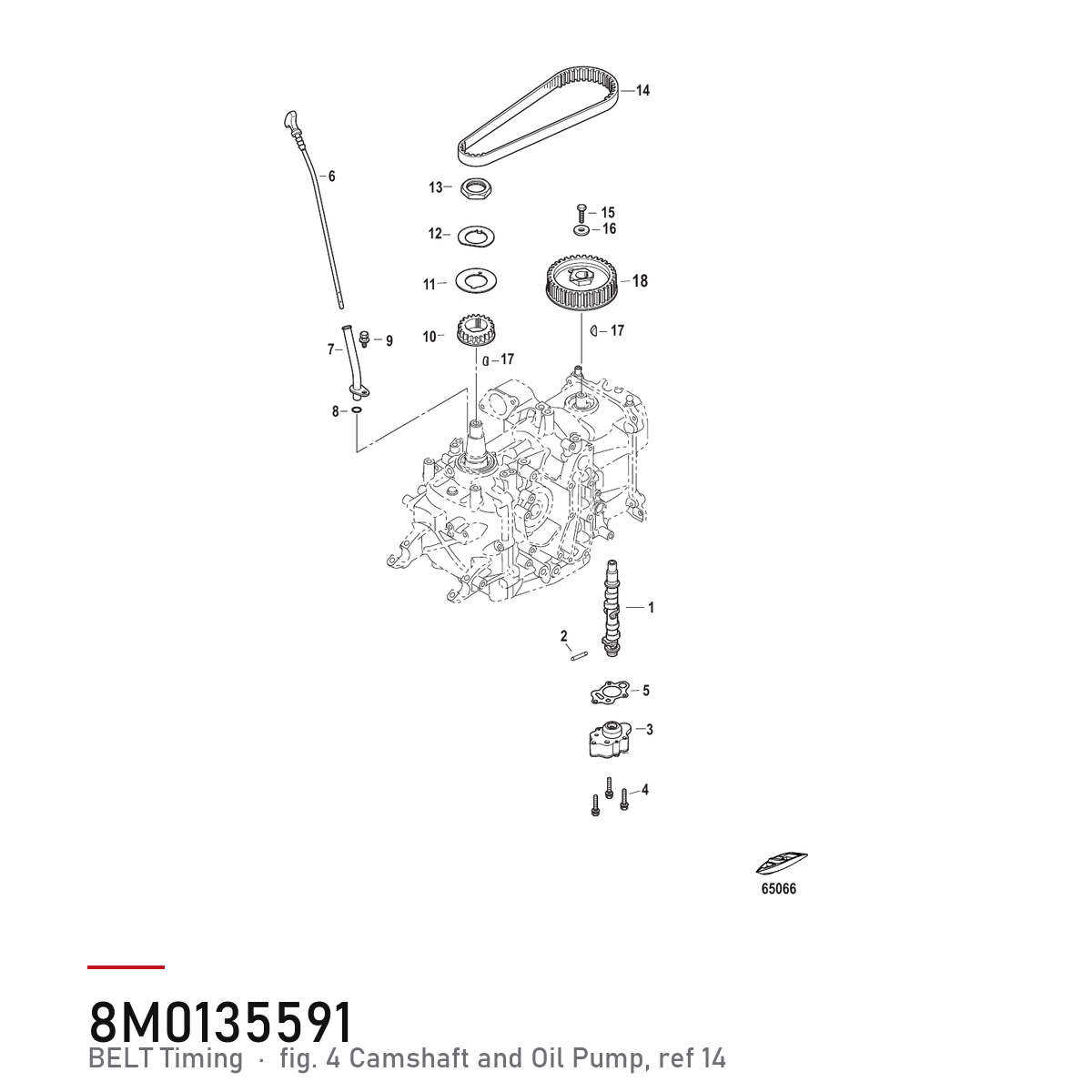 Quicksilver registerreim 57-8M0135591 – Mercury 9,9–20 hk EFI – hvor delen sitter, tegning fra Mercurys delekatalog