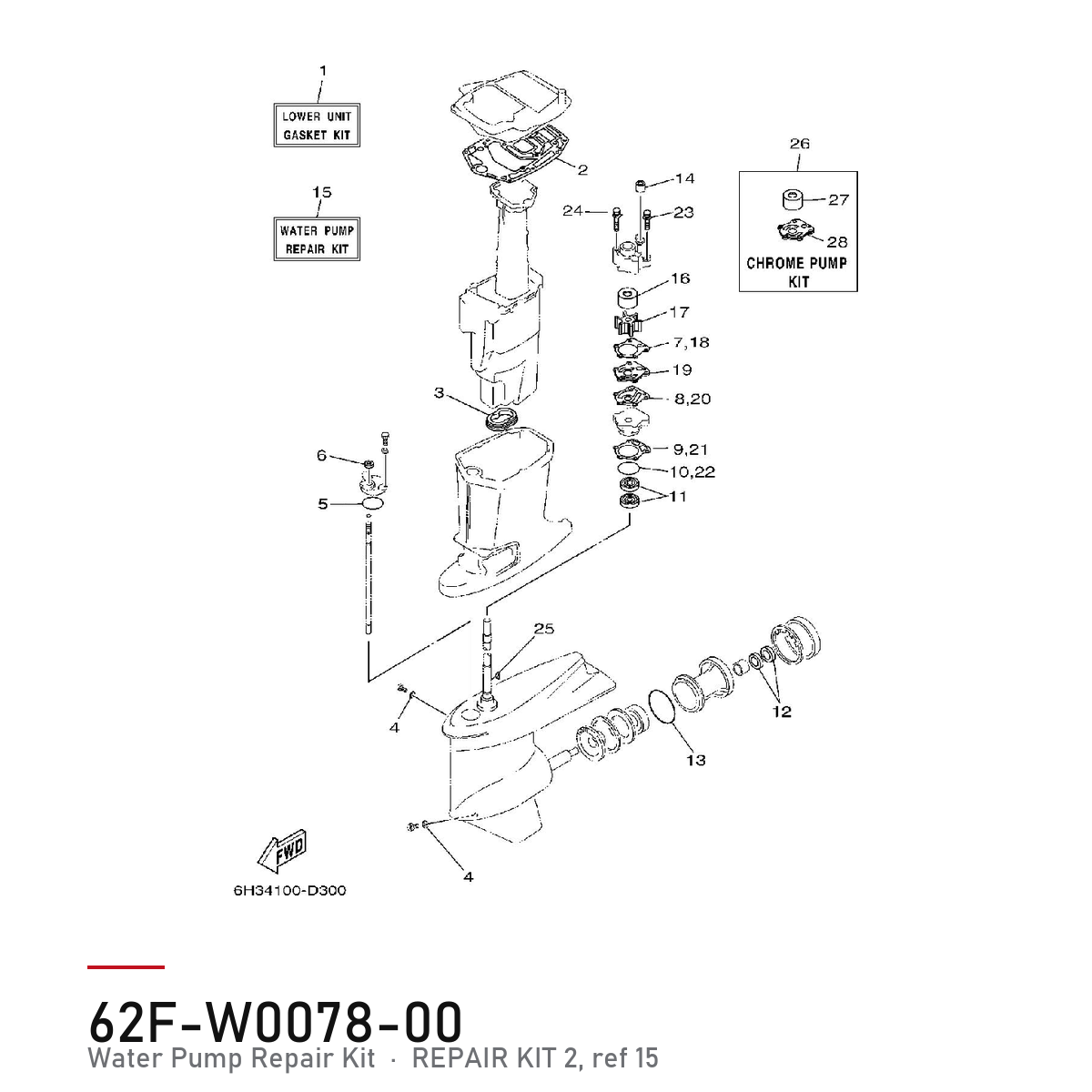 Yamaha impeller kit 62F-W0078-00 – 50G vannpumpe rep kit – tegning