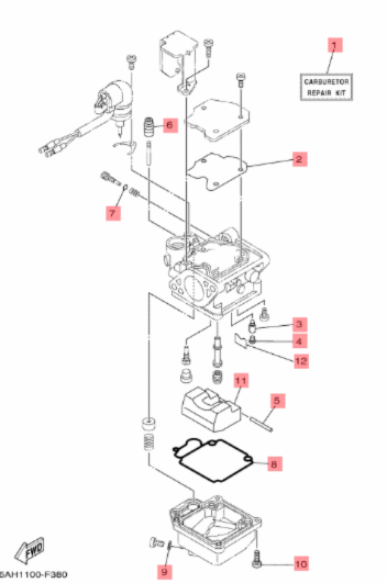 Yamaha forgasser reparasjonssett F9.9H / F15C / F20B – OEM 6AH-W0093-00