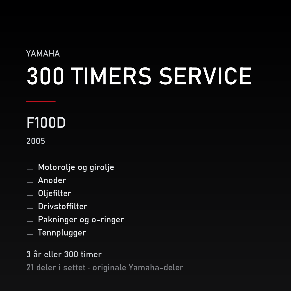 Yamaha F100D (2005) – 300-timers service – innhold i settet