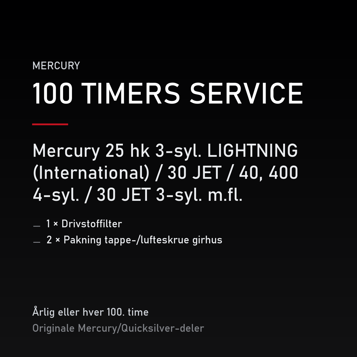 Mercury 2-takt servicekit 100 timer – 25 hk 3-syl. LIGHTNING (International) / 30 JET / 40 – servicekit