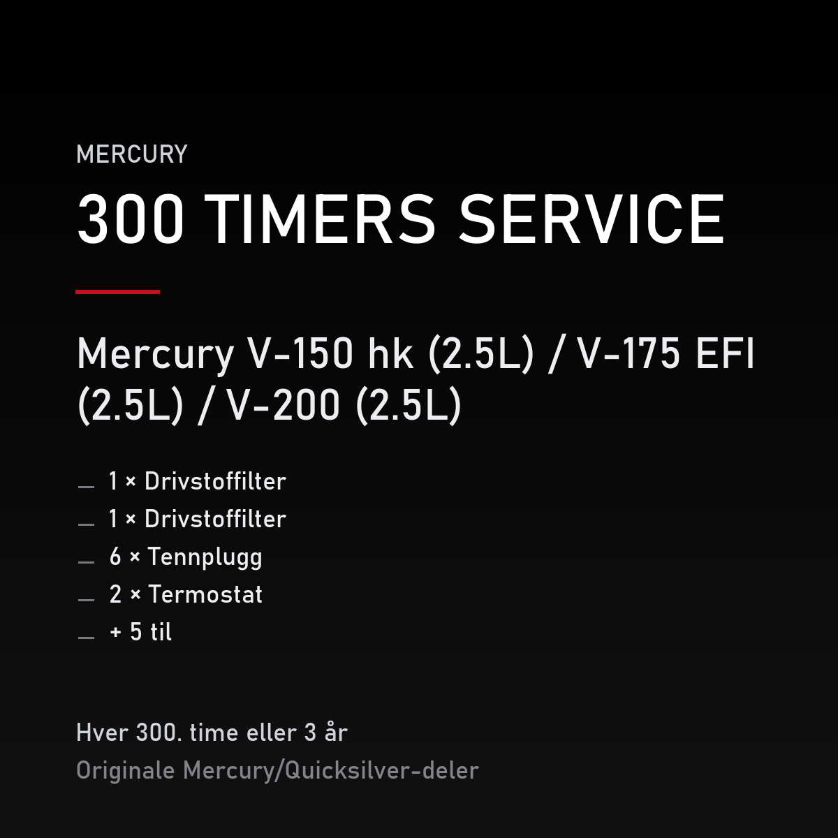 Mercury 2-takt servicekit 300 timer – V-150 hk (2.5L) / V-175 EFI (2.5L) / V-200 (2.5L) – servicekit