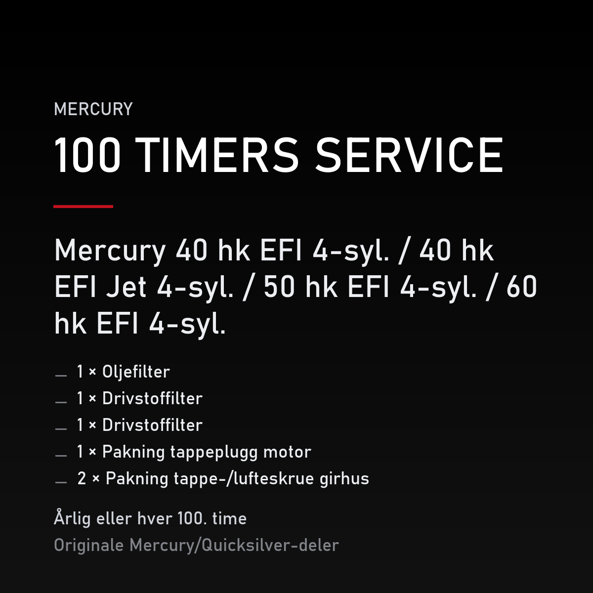 Mercury servicekit 100 timer – 40 hk EFI 4-syl. / 40 hk EFI Jet 4-syl. / 50 hk EFI 4-syl.  – servicekit
