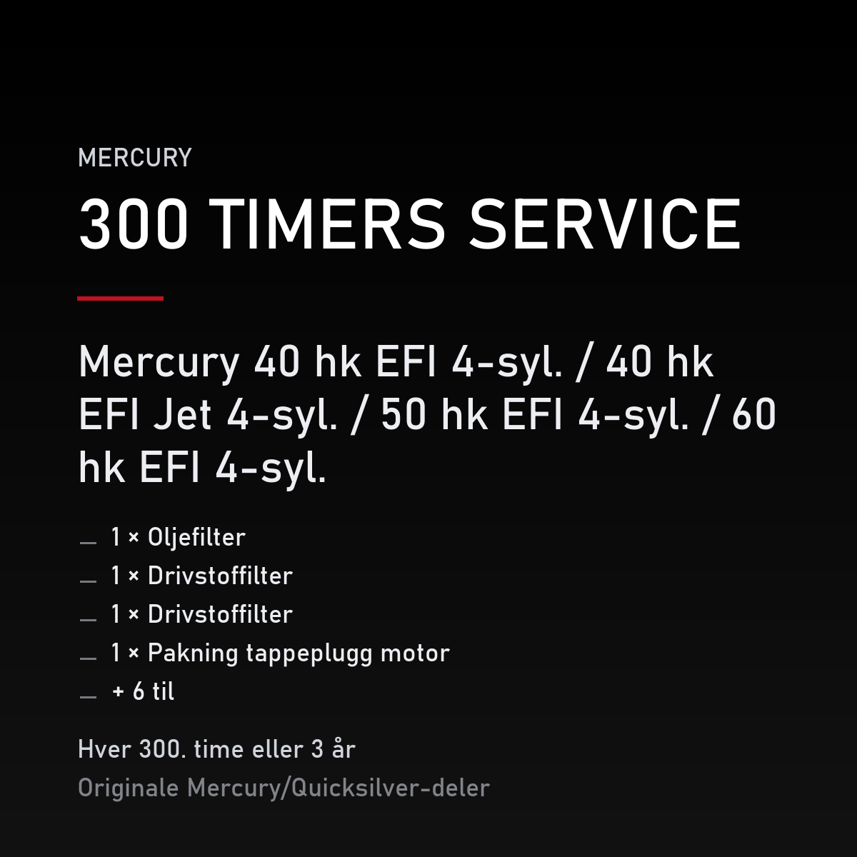 Mercury servicekit 300 timer – 40 hk EFI 4-syl. / 40 hk EFI Jet 4-syl. / 50 hk EFI 4-syl.  – servicekit