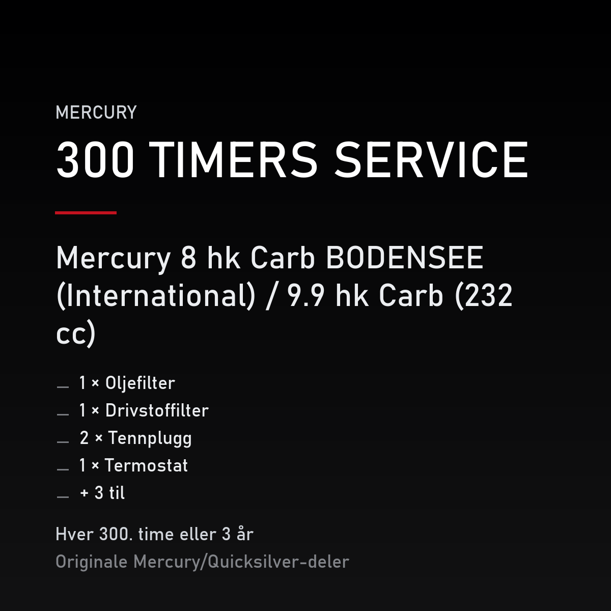 Mercury servicekit 300 timer – 8 hk Carb BODENSEE (International) / 9.9 hk Carb (232 cc) – servicekit