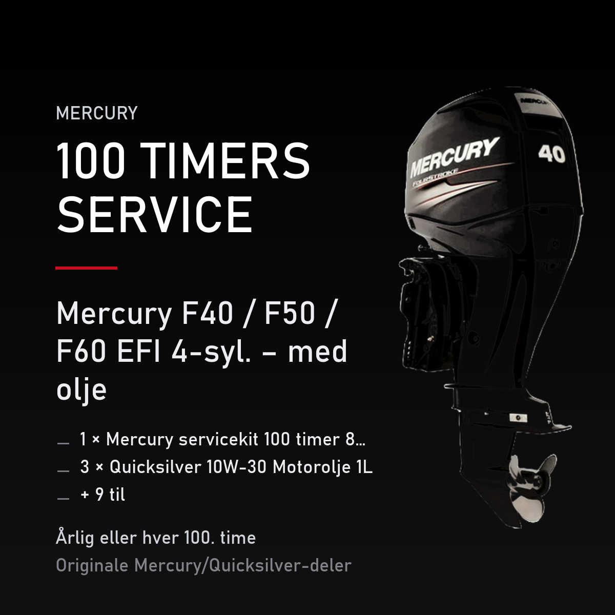 Mercury servicekit 100 timer 8M0090558 – F40 / F50 / F60 EFI 4-syl. – med olje – servicekit