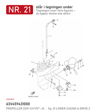Yamaha Propell 63V-45943-10 – 3 blad 9 1/4" × 11" (J1) – nr. 21 i tegningen fra produsentens delekatalog