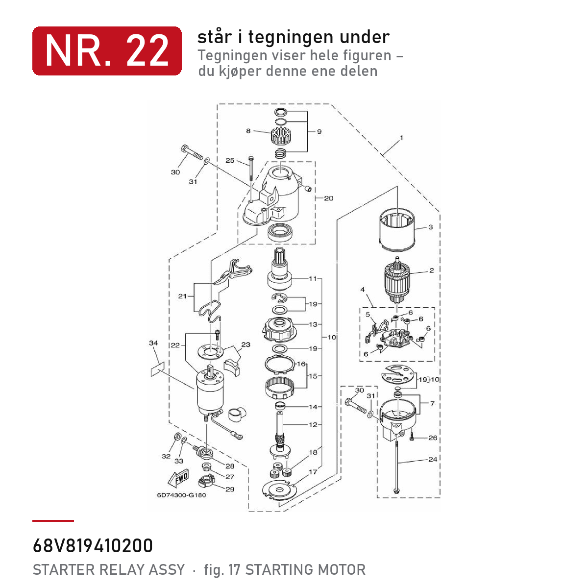 Yamaha Starterrelé 68V-81941-02 – nr. 22 i tegningen fra produsentens delekatalog