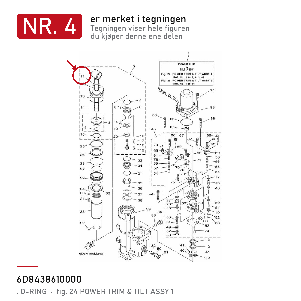 Yamaha O-ring trim-lokk 6D8-43861-00 – nr. 4 i tegningen fra produsentens delekatalog