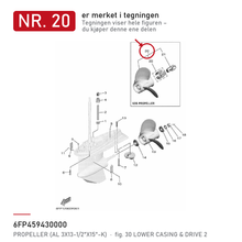 Yamaha Propell 6FP-45943-00 – 3 blad 13 1/2" × 15" (K) – aluminium – nr. 20 i tegningen fra produsentens delekatalog