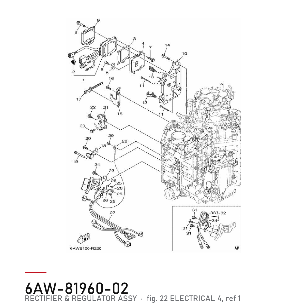 Yamaha Likeretter og regulator 6AW-81960-02 – tegning fra Yamahas delekatalog