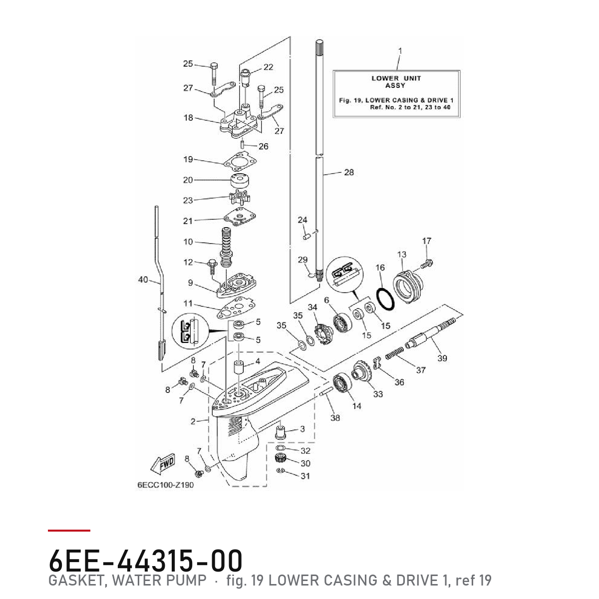 Yamaha Pakning vannpumpe 6EE-44315-00 – F4B / F5A / F6C – tegning fra Yamahas delekatalog