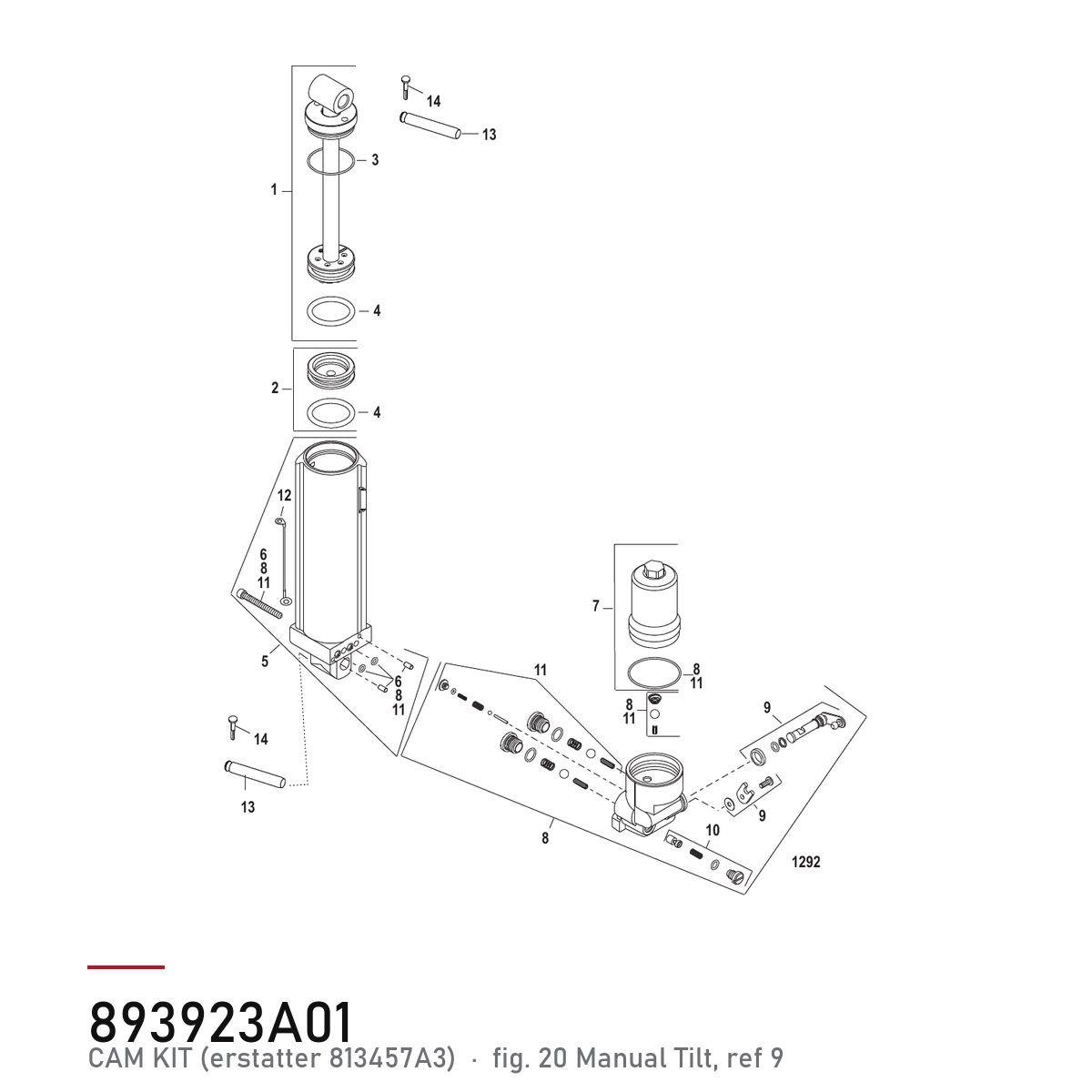 Quicksilver Powertrim kamsett 893923A01 – Mercury – tegning fra Mercurys delekatalog