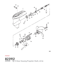 Quicksilver Anode 823912 – hvor delen sitter, tegning fra Mercurys delekatalog
