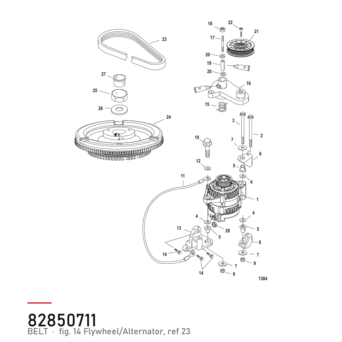 Quicksilver dynamoreim 57-828507Q11 – Mercury 200, 225, 250 hk – hvor delen sitter, tegning fra Mercurys delekatalog