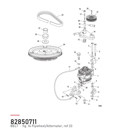 Quicksilver dynamoreim 57-828507Q11 – Mercury 200, 225, 250 hk – hvor delen sitter, tegning fra Mercurys delekatalog