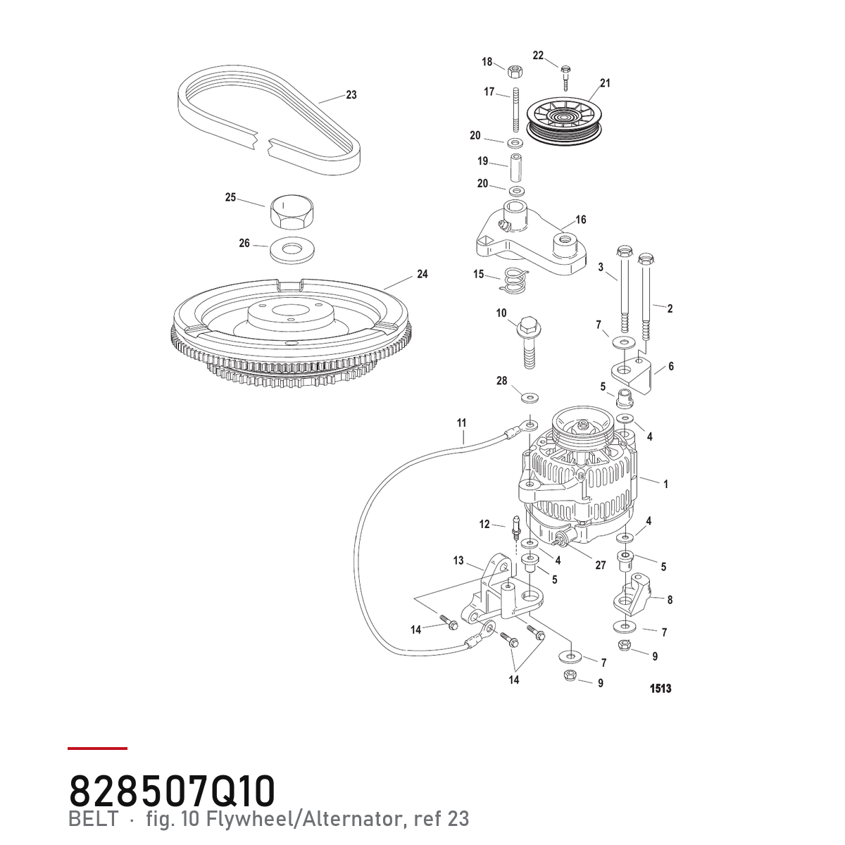 Quicksilver dynamoreim 57-828507Q10 – Mercury 225X EFI PROMAX – hvor delen sitter, tegning fra Mercurys delekatalog