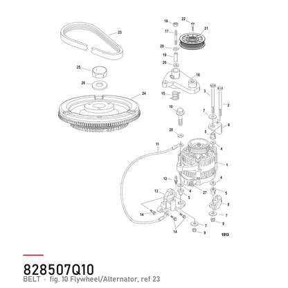 Quicksilver dynamoreim 57-828507Q10 – Mercury 225X EFI PROMAX – hvor delen sitter, tegning fra Mercurys delekatalog