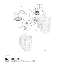 Quicksilver Dynamoreim Optimax 57-828507Q4 – hvor delen sitter, tegning fra Mercurys delekatalog