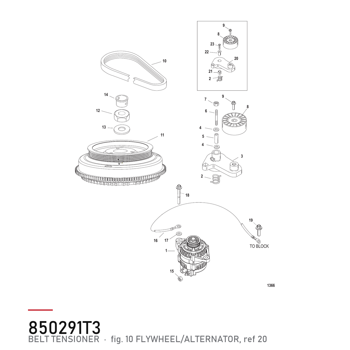Quicksilver reimstrammer 850291T3 – Mercury 135, 150, 200, 225, 250 hk – hvor delen sitter, tegning fra Mercurys delekatalog