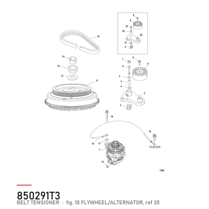 Quicksilver reimstrammer 850291T3 – Mercury 135, 150, 200, 225, 250 hk – hvor delen sitter, tegning fra Mercurys delekatalog