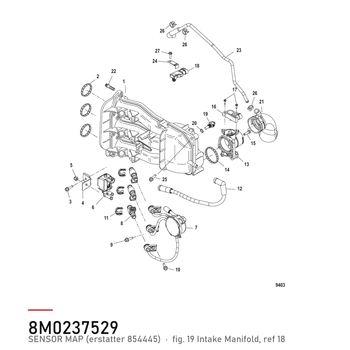 Quicksilver MAP Sensor 854445 / 8M0237529 – tegning av hele figuren fra produsentens delekatalog