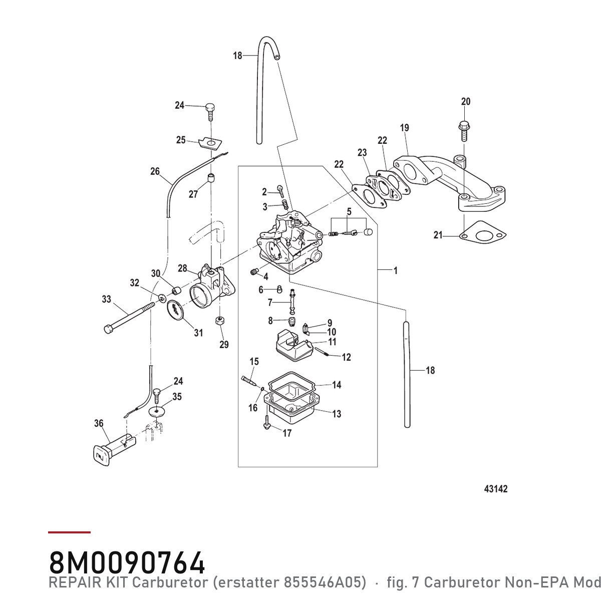 Quicksilver Forgassersett 8M0090764 – Mercury – tegning fra Mercurys delekatalog
