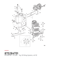 Quicksilver Oljefilter Optimax 35-875284T01 – hvor delen sitter, tegning fra Mercurys delekatalog