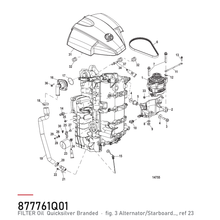 Quicksilver Oljefilter 35-877761Q01 – hvor delen sitter, tegning fra Mercurys delekatalog