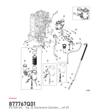 Quicksilver Oljefilter 35-877767K01 – hvor delen sitter, tegning fra Mercurys delekatalog