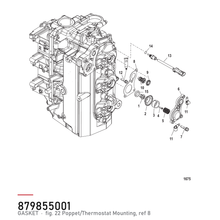 Quicksilver Termostat Pakning 27-879855001 – hvor delen sitter, tegning fra Mercurys delekatalog