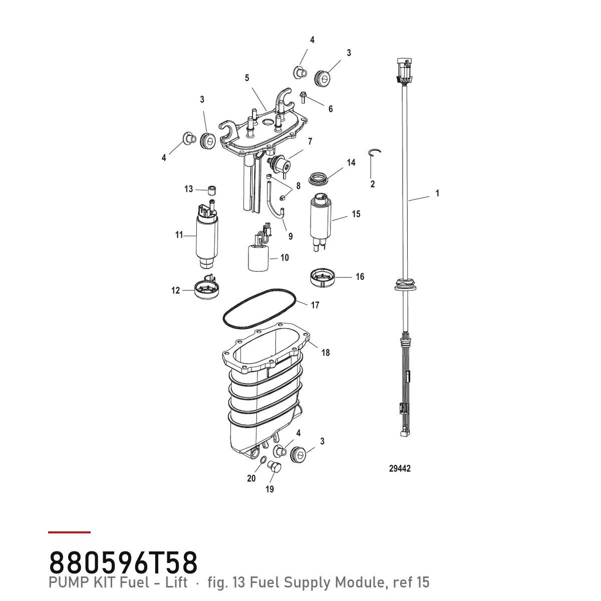 Løftepumpe Mercury 880596T58 – Drivstoff – hvor delen sitter, tegning fra Mercurys delekatalog