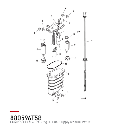 Løftepumpe Mercury 880596T58 – Drivstoff – hvor delen sitter, tegning fra Mercurys delekatalog