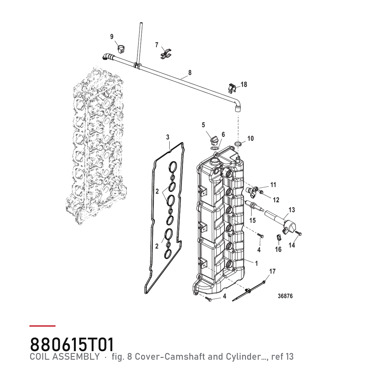 Tennspole Mercury 339-880615T01 – 75–400 HK EFI/Verado – hvor delen sitter, tegning fra Mercurys delekatalog