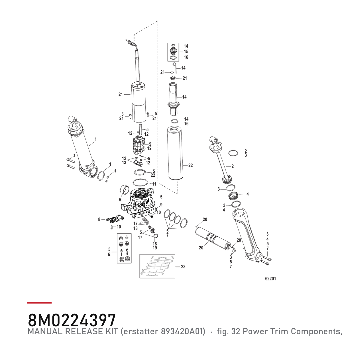 Quicksilver Powertrim manuell utløserventil 8M0224397 – Mercury – tegning fra Mercurys delekatalog
