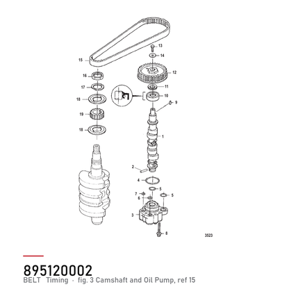 Quicksilver registerreim 57-895120002 – Mercury 10, 15, 20 hk – hvor delen sitter, tegning fra Mercurys delekatalog