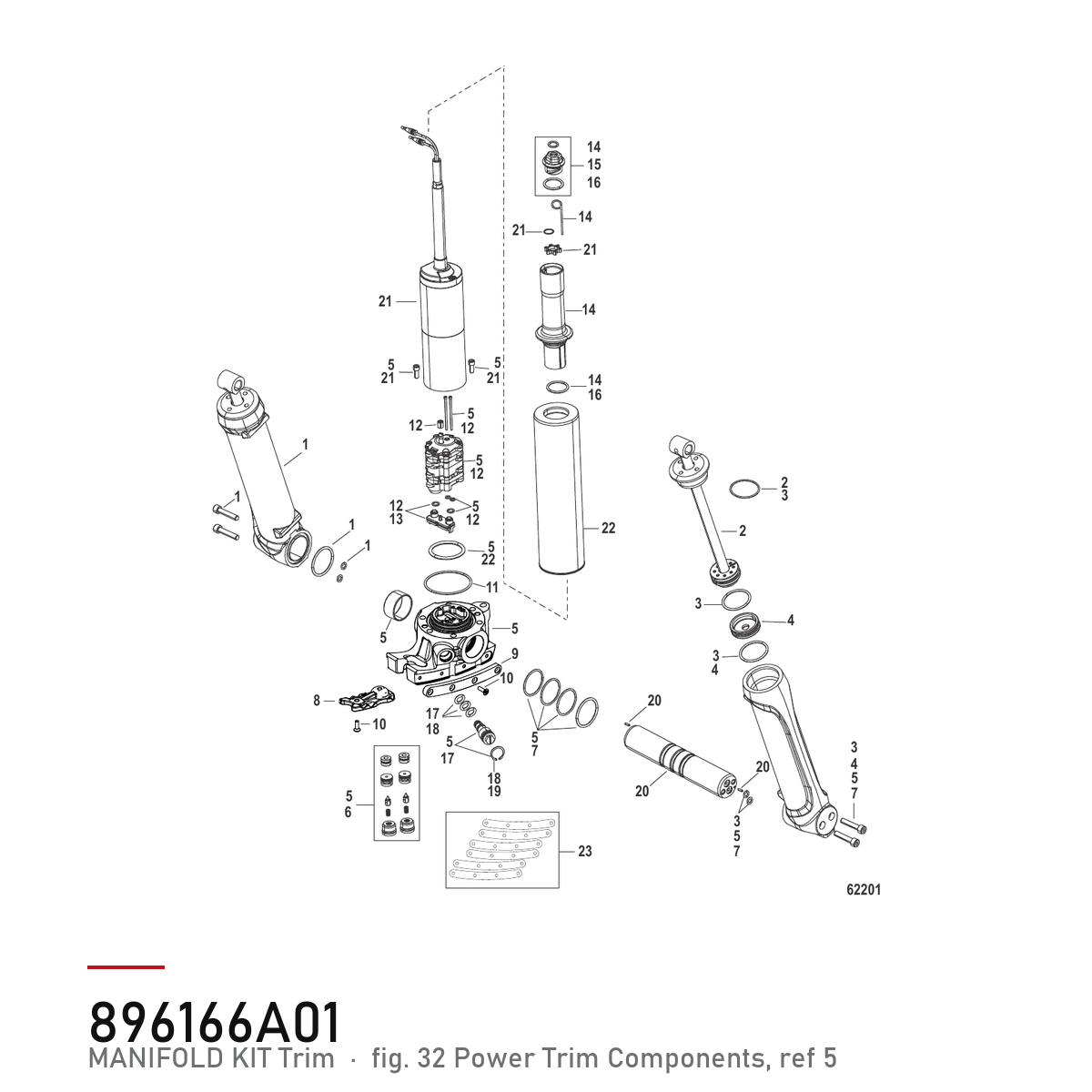Quicksilver Powertrim manifoldsett 896166A01 – Mercury – tegning fra Mercurys delekatalog