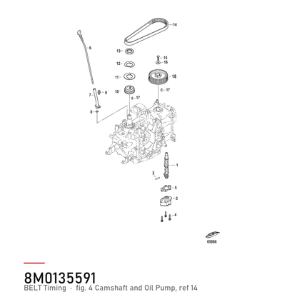 Quicksilver registerreim 57-8M0135591 – Mercury 9,9–20 hk EFI – hvor delen sitter, tegning fra Mercurys delekatalog