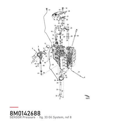 Oljetrykksensor Mercury 897447002 – hvor delen sitter, tegning fra Mercurys delekatalog