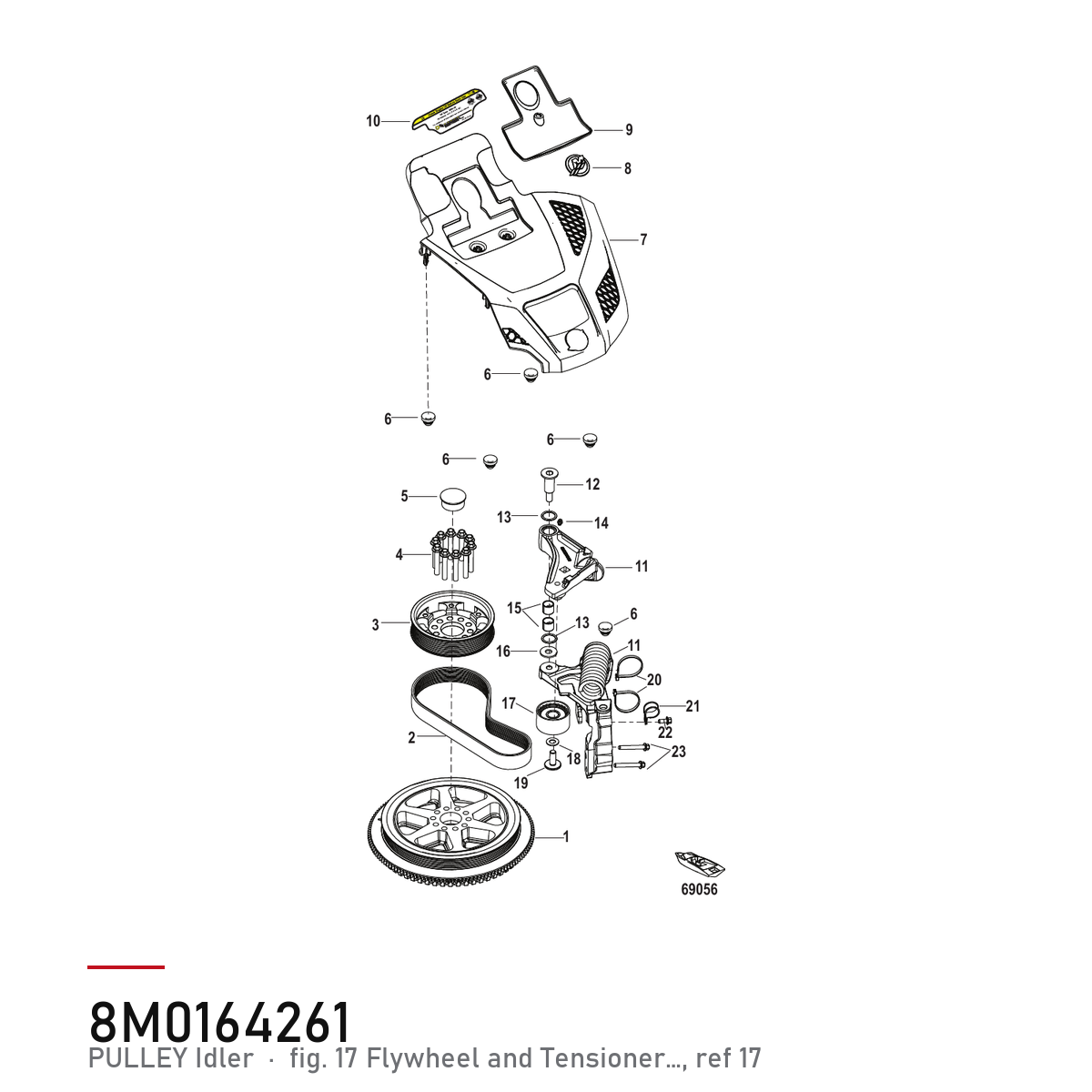 Quicksilver reimstrammer 8M0164261 – Mercury 450R, 500R hk – hvor delen sitter, tegning fra Mercurys delekatalog