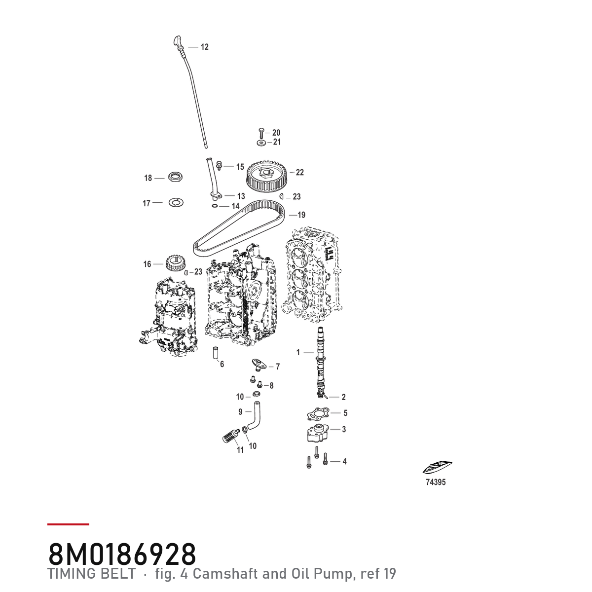 Quicksilver registerreim 57-8M0186928 – Mercury 25, 30 hk – hvor delen sitter, tegning fra Mercurys delekatalog