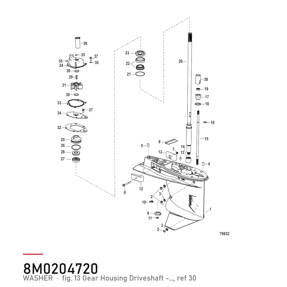 Quicksilver Washer 12-8M0204720 – Impeller Tetningsskive 40–60 HK – hvor delen sitter, tegning fra Mercurys delekatalog