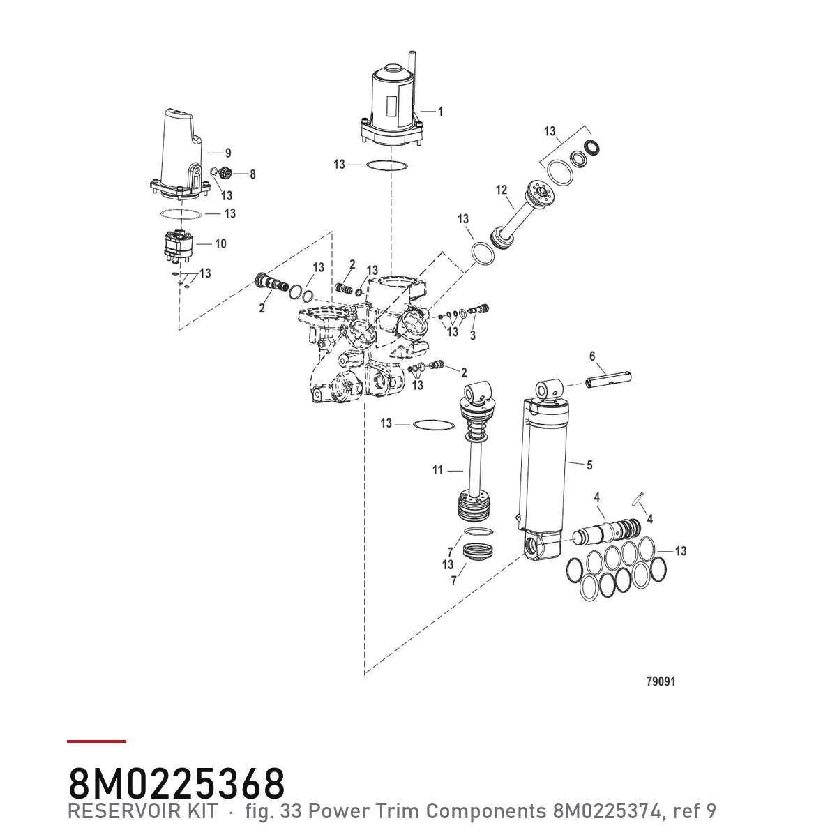 Quicksilver Powertrim reservoarsett 8M0225368 – Mercury – tegning fra Mercurys delekatalog